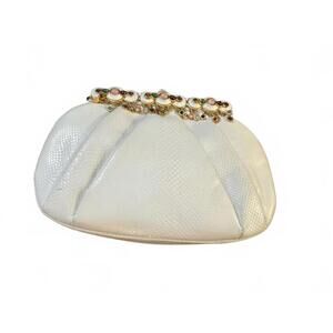 White Textured Leather Women's Clutch with Decorative Gemstone Detail
